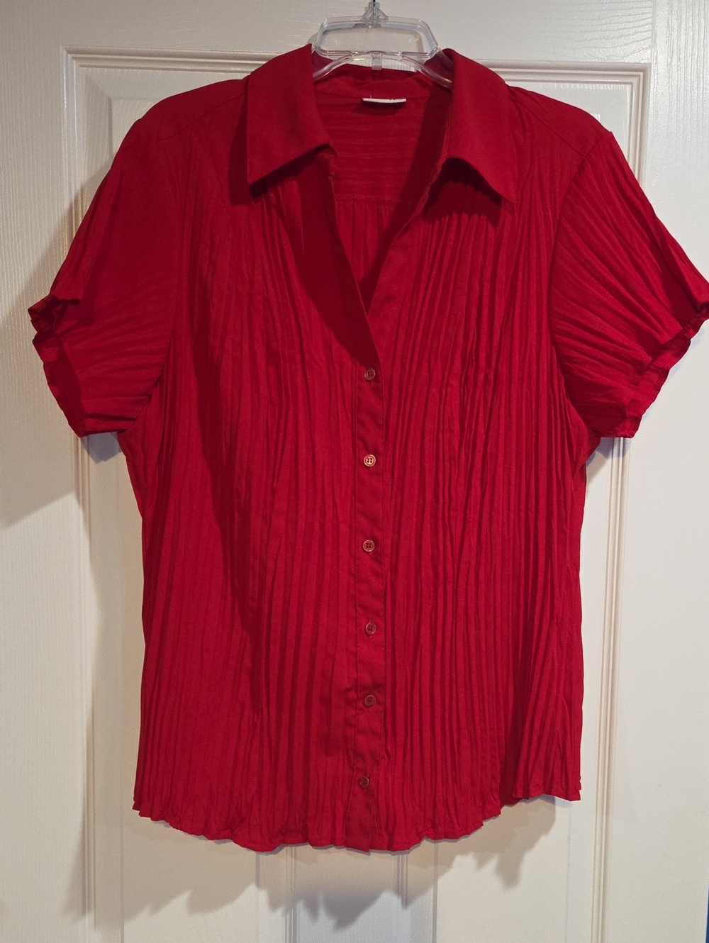 Red Pleated Short-Sleeve Button Front Women's Top